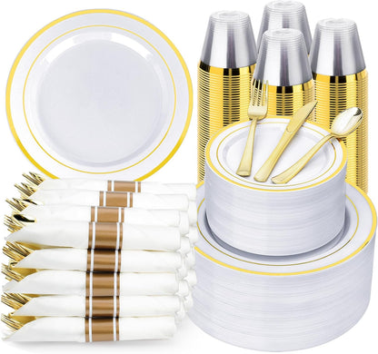BESTVIP 350PCS Gold Plastic Dinnerware Set, Disposable Party Plates for 50 Guests, Include: 100 Plastic Plates, 50 Pre Rolled Napkins with Gold Silverware, 50 Cups