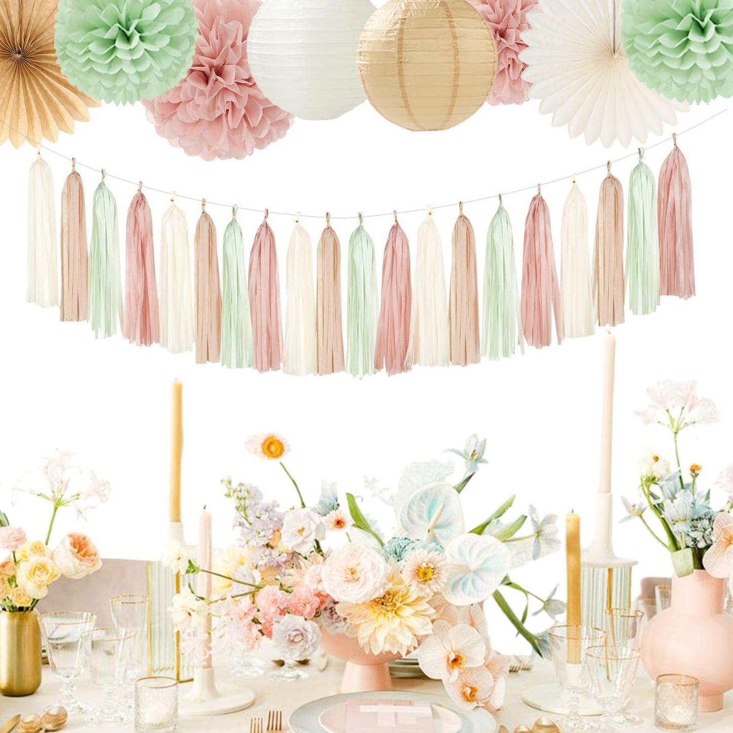 Champagne-Gold Beige Fall Baby-Shower Party-Decorations - 36pcs Welcome Home Banner Sign,Neutral Paper Lanterns,Girl Streamers Garland,Boho Hanging Tissue Pom Poms Flowers Fans Backdrop Decor Burgleda