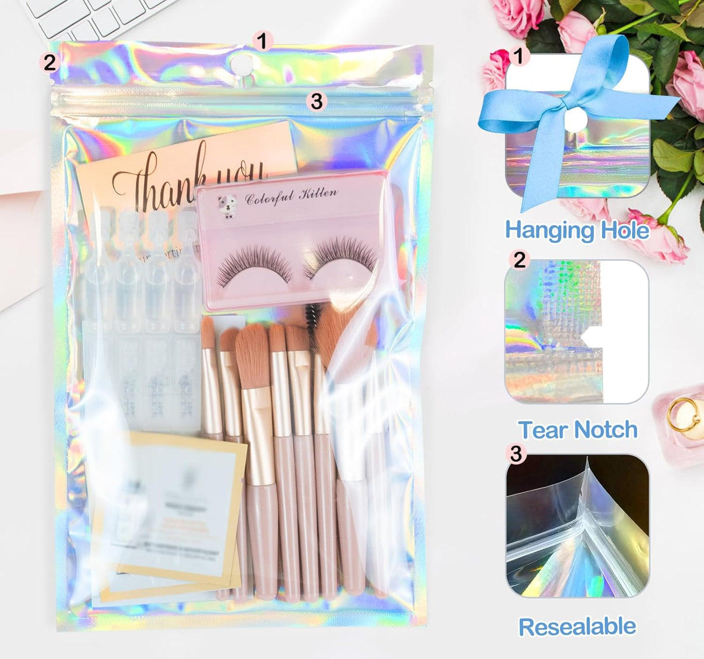 Trunple Smell Proof Bags & Resealable Foil Pouch Mylar Sample Bag Great for Party Favor Food Storage (Holographic Color) (50pcs-6x9 inch)