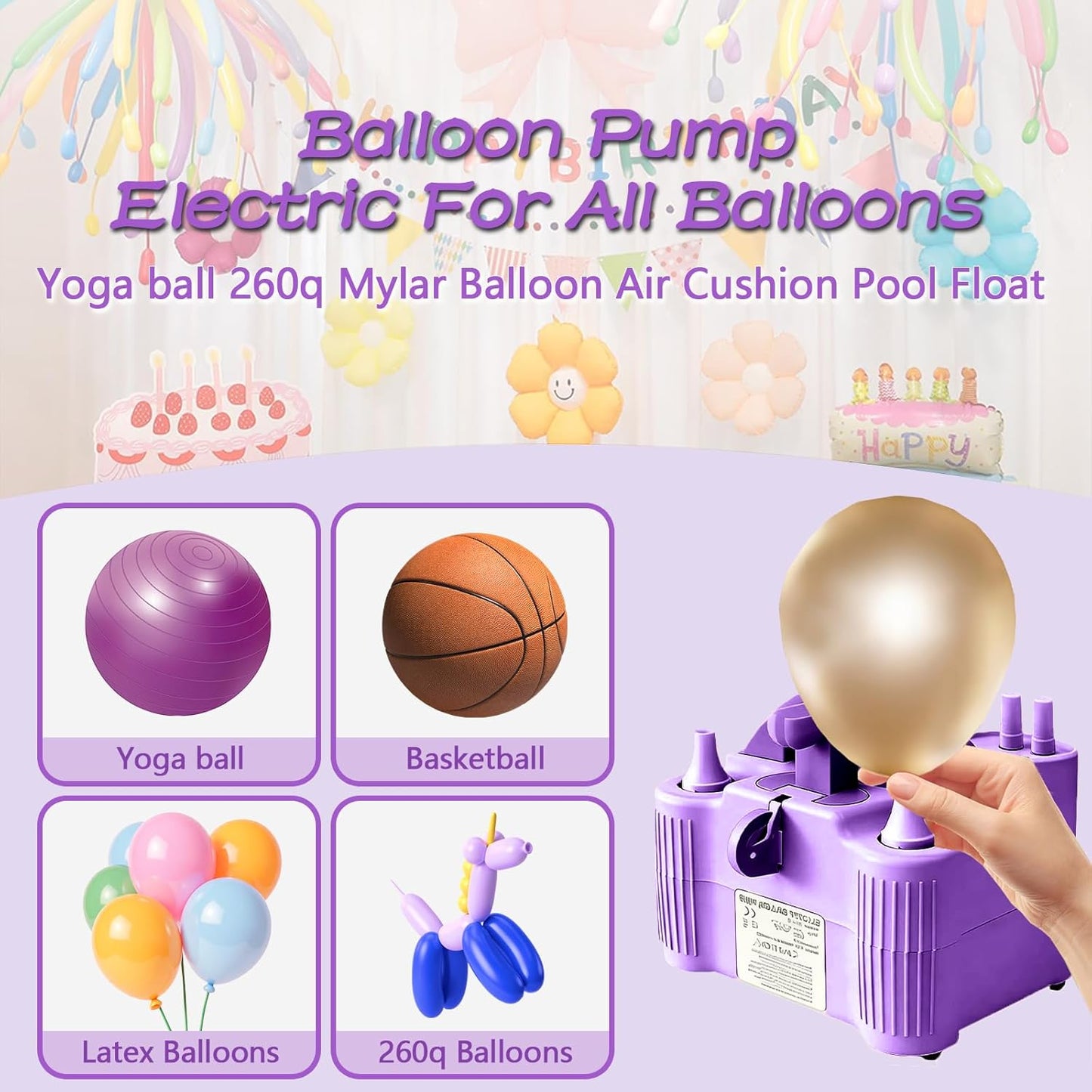 4-in-1 Electric Balloon Pump for All Balloons, Inflatables, and Sports Balls, Portable High Power Triple Inflating Ports for Latex Foil 260q Mylar Balloon