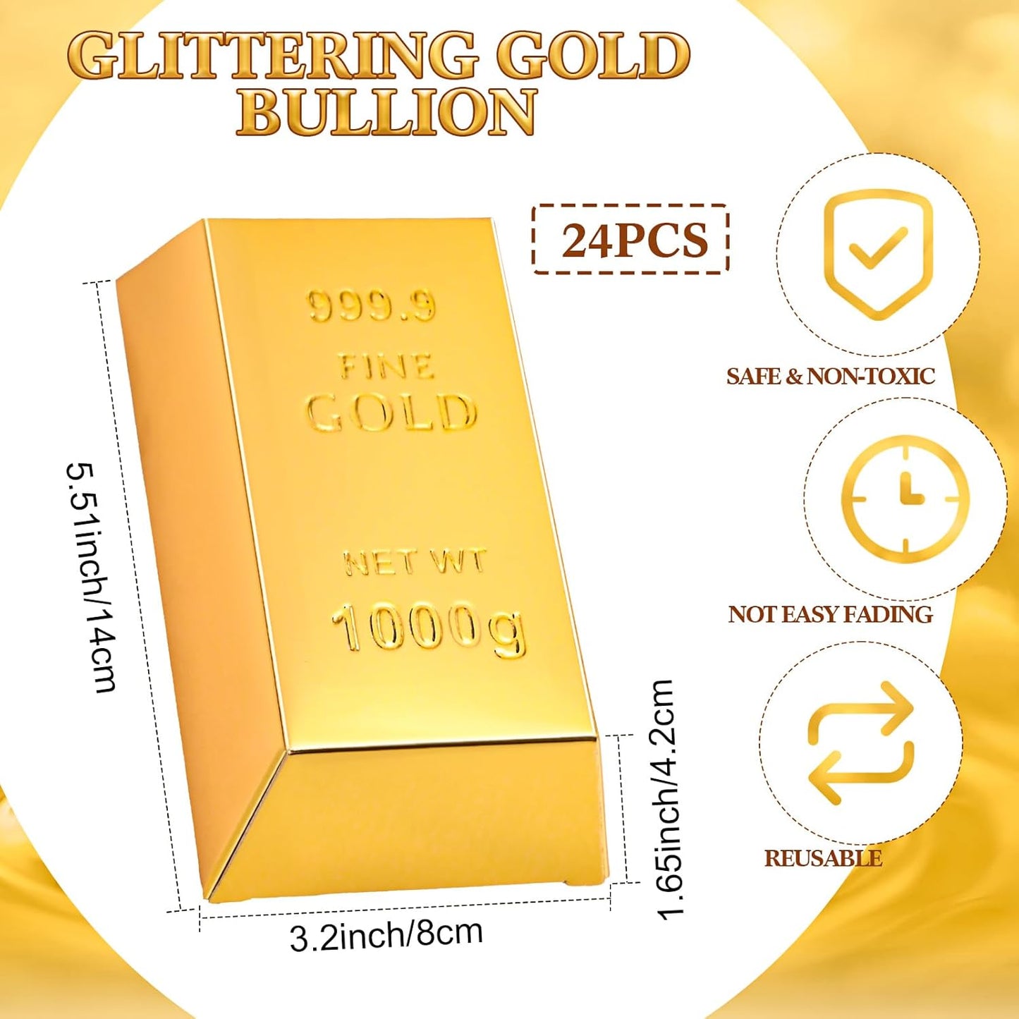 Honoson 24 Pcs Gold Bar Fake Gift Box Foil Gold Bar Party Favor Boxes Paper Golden Favor Boxes Treasure Brick for Pirate Casino Theme Party Decorations Candy Treats Chocolate Toys, 5.5 x 3.2 Inches