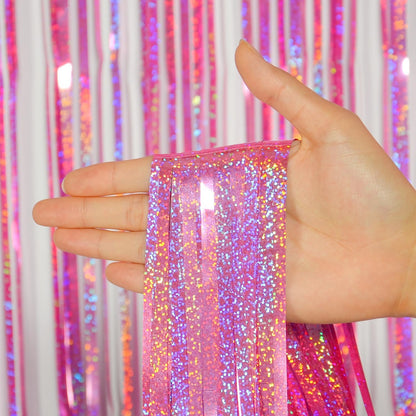 Melsan 2 Pack 3.2 ft x 8.2 ft Tinsel Foil Fringe Curtains Backdrop, Sparkle Metallic Foil Curtains for Party Photo Booth Props Decoration, Pinkish Purple