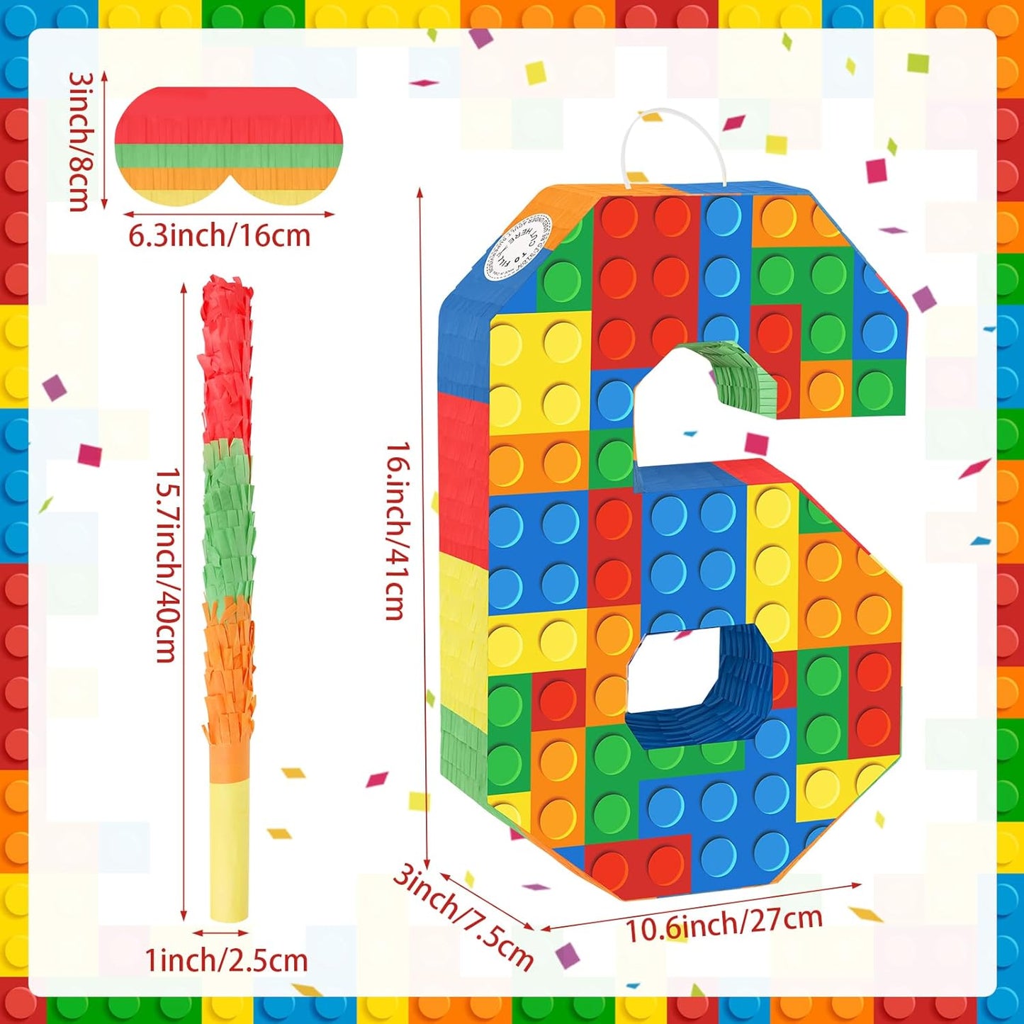 Number 7 Pinata Building Blocks with Pinata Stick Blindfold 7th Birthday Party Decorations Happy Birthday Building Block Theme Anniversary Party Supplies for Kids (Small, 16 x 10.6 x 3 in)
