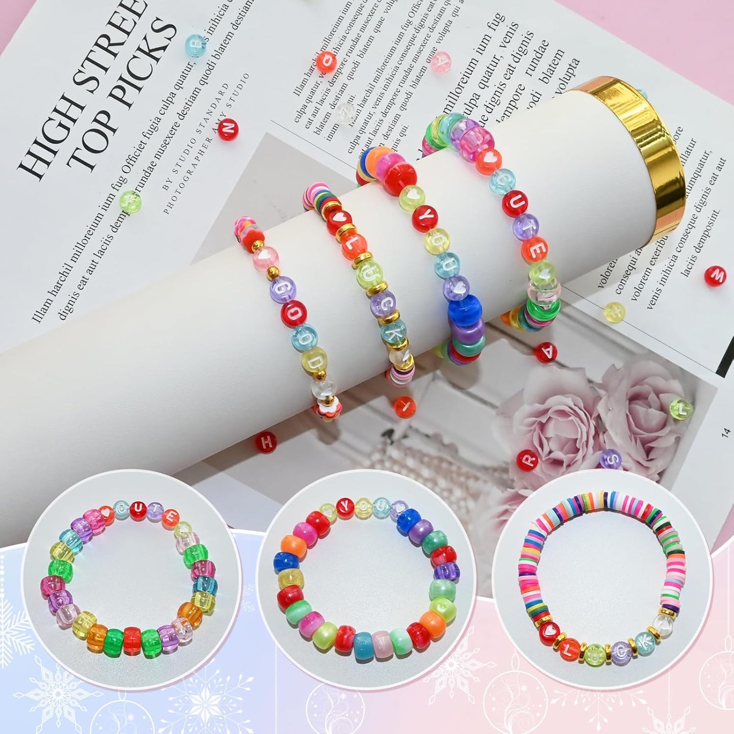 Amaney 1400pcs Glow Letter Beads, Heart Beads Whit Elastic Beading Cord,4x7mm Round Acrylic Alphabet Beads for Friend Bracelet Jewelry Making