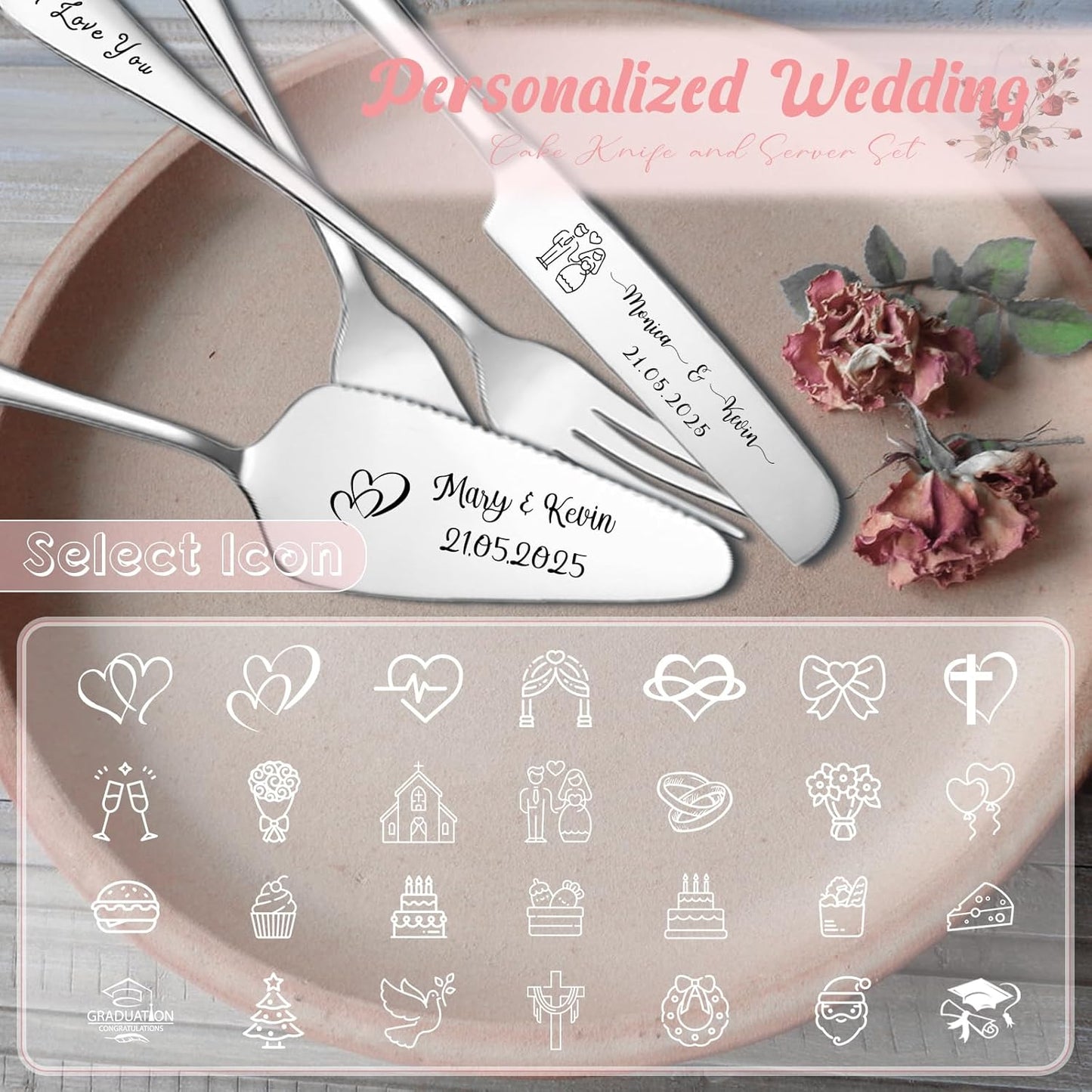 Personalized Cake Cutter Custom Wedding Cake Knife and Server Set Stainless Steel Cake Cutting Set Customize Gifts for Wedding Birthday (Black)