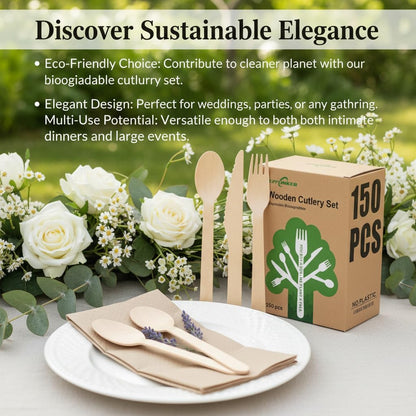 100% Compostable Cutlery Set - 150 Pieces Wooden Compostable Utensils [50 Forks, Knives, Spoons] - Disposable Wooden Cutlery, Eco Friendly Forks & Spoons Set Party Utensils