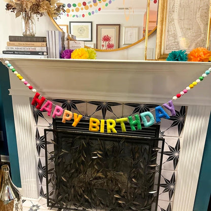 Pre-Strung Happy Birthday Banner - Felt Ball Garland - Reusable HAPPY BIRTHDAY Garland, Rainbow Party Decorations, Personalized Holiday Sign for Party Decor, Kids Room Decor, Photo Prop (Rainbow)