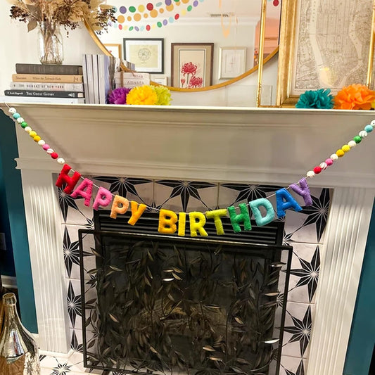 Pre-Strung Happy Birthday Banner - Felt Ball Garland - Reusable HAPPY BIRTHDAY Garland, Rainbow Party Decorations, Personalized Holiday Sign for Party Decor, Kids Room Decor, Photo Prop (Rainbow)