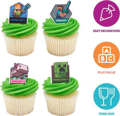 DecoPac Minecraft Lush Finds Rings, Cupcake Decorations Featuring Creeper, Alex, Steve and Axolotl! Multicolored 3D Food Safe Cake Toppers – 24 Pack