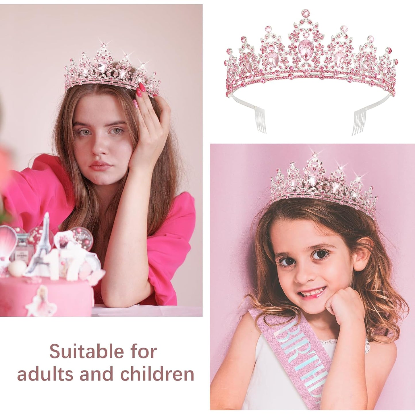 CAVETEE Red Black Birthday Crown and Sash for Women Sash & Rhinestone Tiara Set Red and Black Party Decorations Birthday Queen Crowns Tiaras for Women