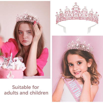 CAVETEE Red Black Birthday Crown and Sash for Women Sash & Rhinestone Tiara Set Red and Black Party Decorations Birthday Queen Crowns Tiaras for Women