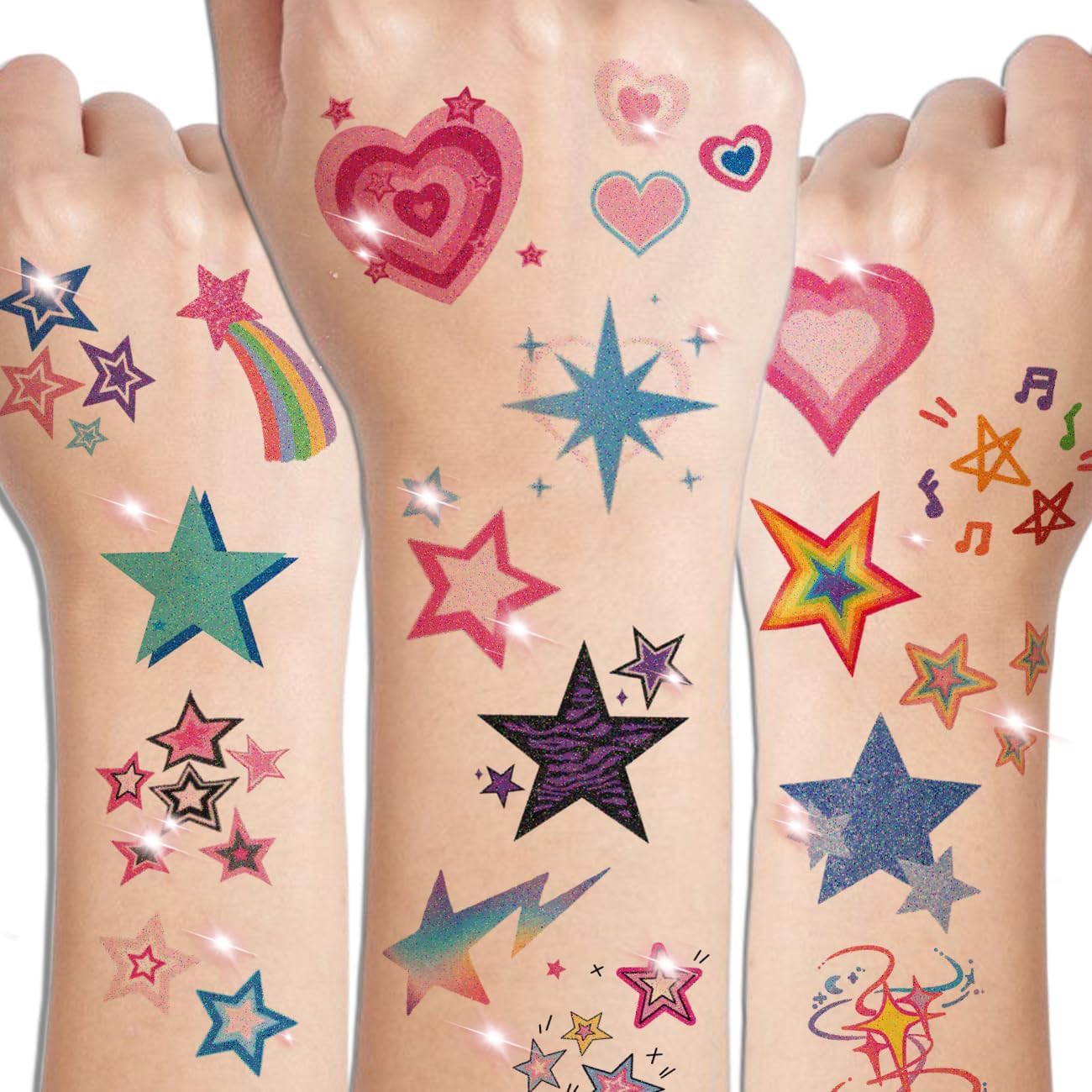 CHARLENT Glitter Stars Temporary Tattoos for Kids - 74 Individually Sheets | Waterproof & Easy Peel | Perfect for Kids Birthday Party Favors, School Rewards