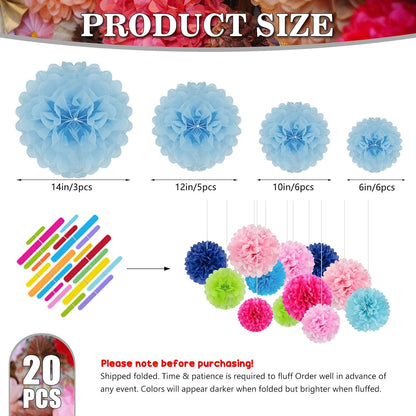 Tissue Paper Pom Poms, Pink Tissue Paper Flowers, Hanging Flower Balls for Weddings Fiesta Parties Birthday Baby Showers Classroom Bridal Shower Decoration (18Piece Set-6/10/12/14Inch)