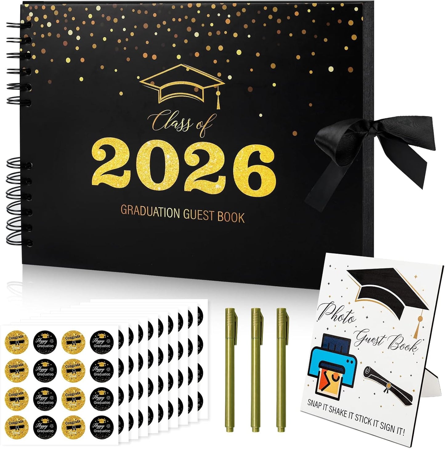 2026 Graduation Guest Book with Photo Guest Book Sign, 80 Pages Graduation Signature Book with DIY Kit, Memory Scrapbook Photo Album for Grad Party (Class of 2026,Black, Gold)