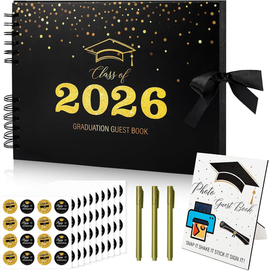 2026 Graduation Guest Book with Photo Guest Book Sign, 80 Pages Graduation Signature Book with DIY Kit, Memory Scrapbook Photo Album for Grad Party (Class of 2026,Black, Gold)