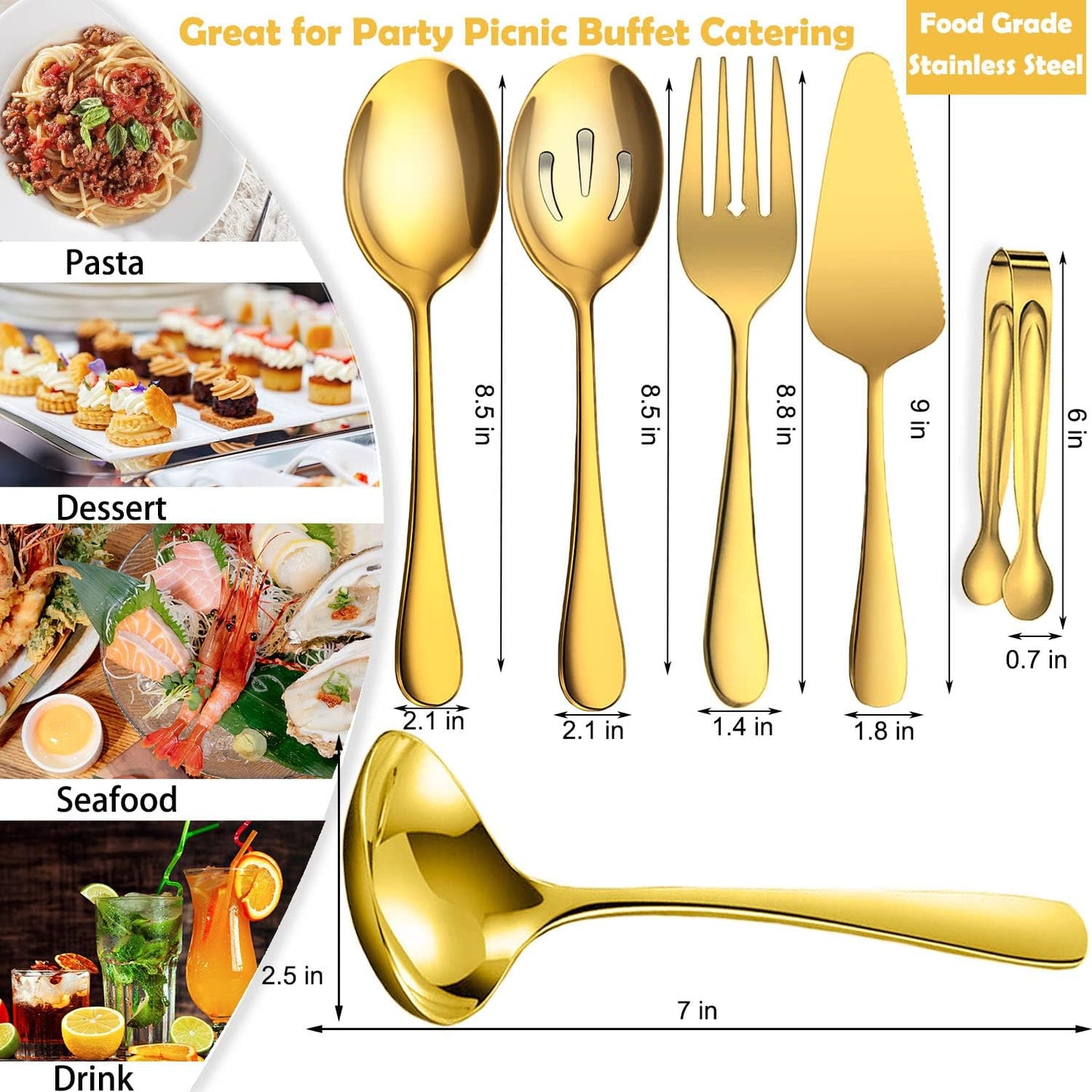 11 PCS Serving Utensils, Large Stainless Steel Spoons Forks Tongs, Pie Server, Great for Hostess Buffet Catering Banquet Party, Silver