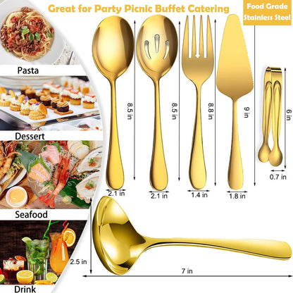 11 PCS Serving Utensils, Large Stainless Steel Spoons Forks Tongs, Pie Server, Great for Hostess Buffet Catering Banquet Party, Silver