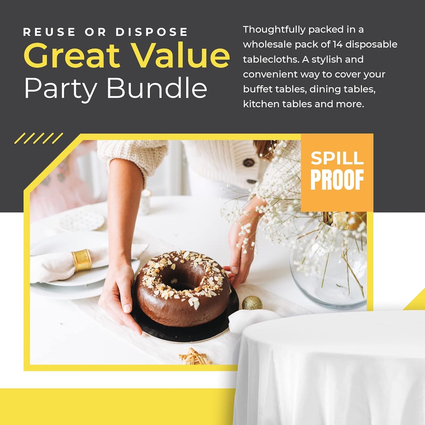 14 Pack Black 54 x 108 in. Rectangle Disposable Plastic Tablecloths - Smooth Decorative Covers for Parties, Weddings
