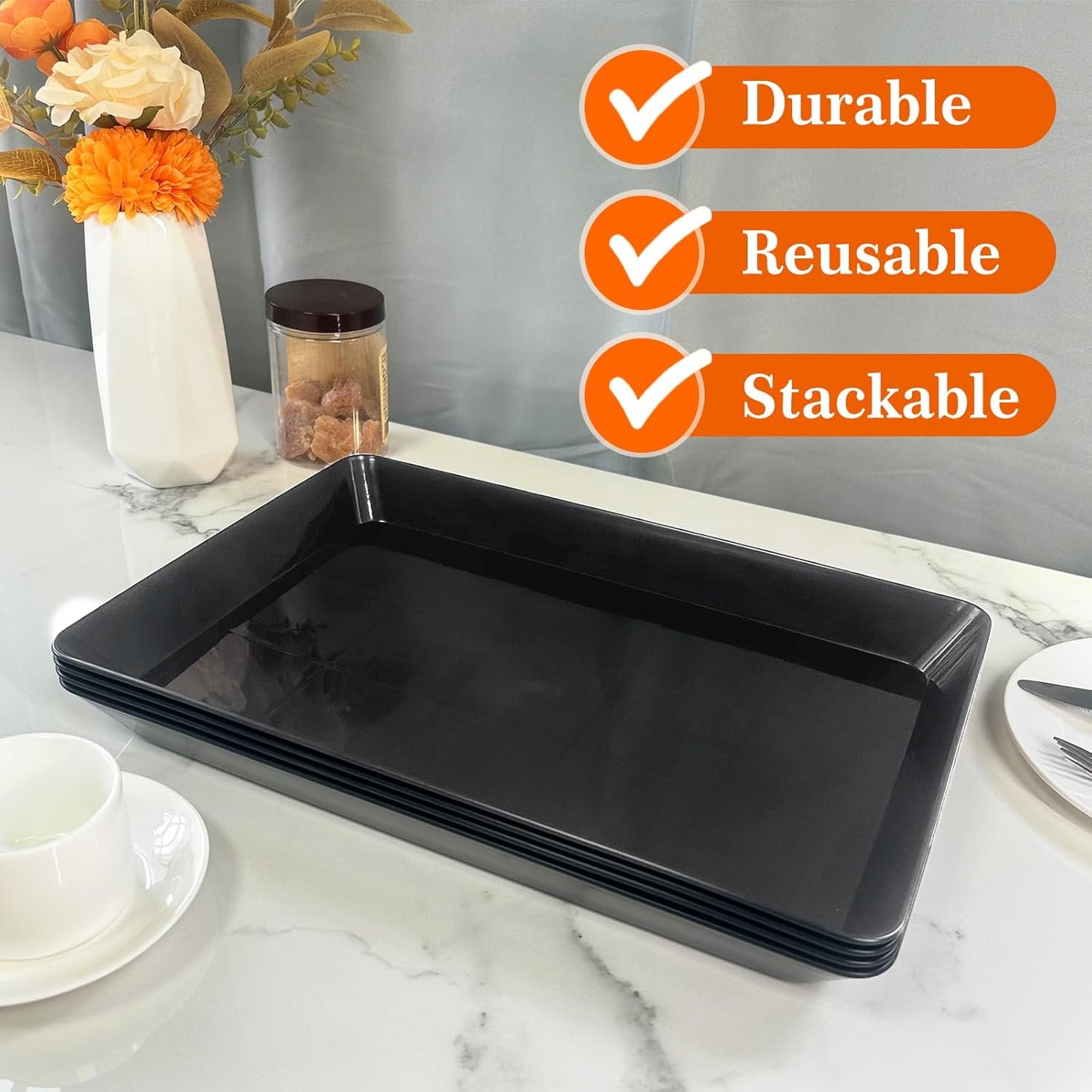 Serving Tray Platter, 4 Pack Food Tray for Veggie Fruit Snack Dessert Cookie Cheese, Food Trays for Party Supplies Display, Plastic Platters for Serving Food, Large White Trays, BPA Free