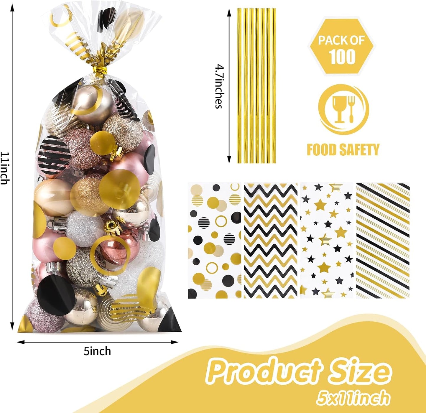 100 Pcs Star Printed 5"X 7" Gift Wrap Cello Cellophane Treat Bags Party Favor bags Clear Candy Cookie Bag Plastic Poly Goodie Storage Bag with Twist Ties for Bakery,Birthday, Wedding ,Party Decorations (Gold)