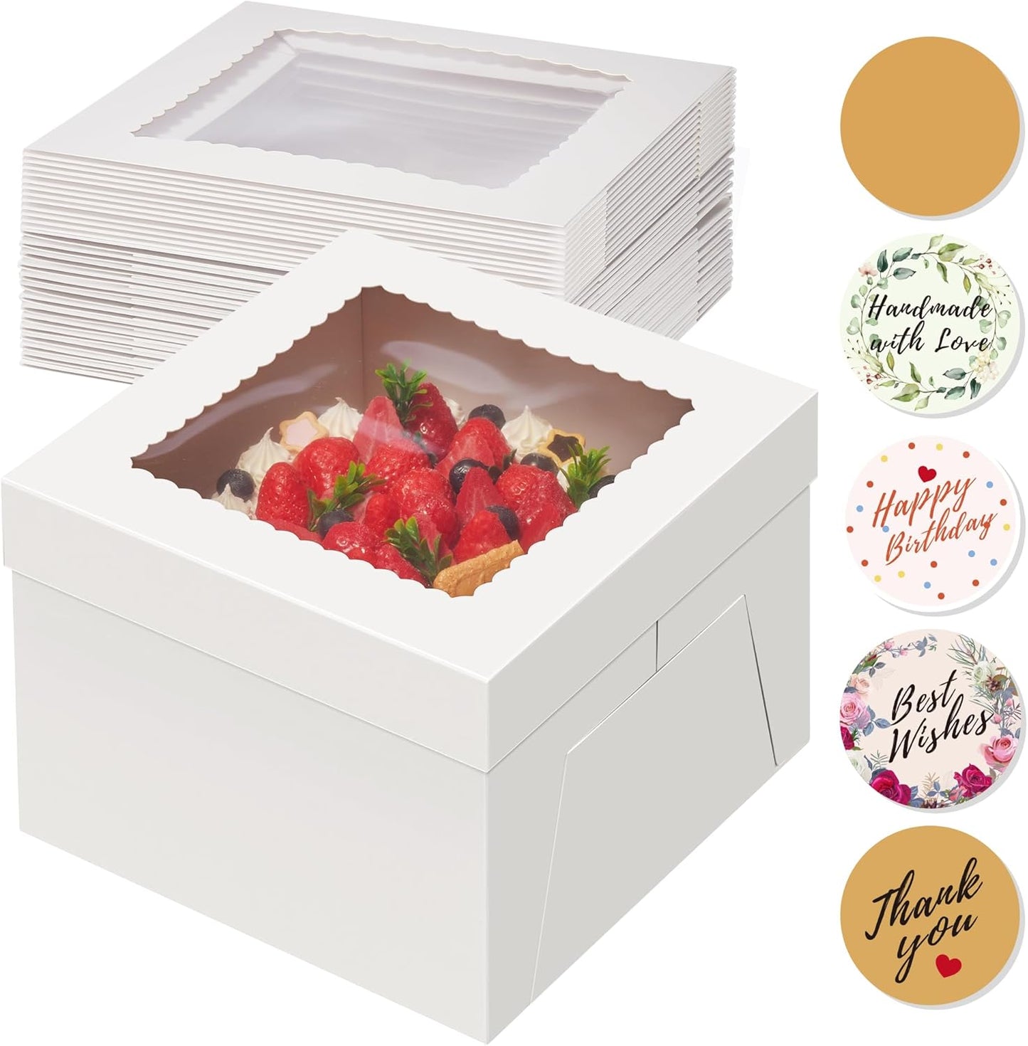 Kootek 15pcs Cake Boxes, 10x10x8 Inches Tall Cake Box with Window, White Bakery Boxes, Large Baking Boxes, Square Cardboard Cake Box for Multi-Layer Cakes, Cake Decorating Supplies for Gift Giving