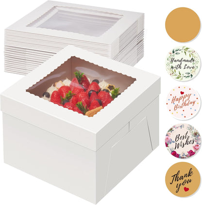 Kootek 15pcs Cake Boxes, 10x10x8 Inches Tall Cake Box with Window, White Bakery Boxes, Large Baking Boxes, Square Cardboard Cake Box for Multi-Layer Cakes, Cake Decorating Supplies for Gift Giving
