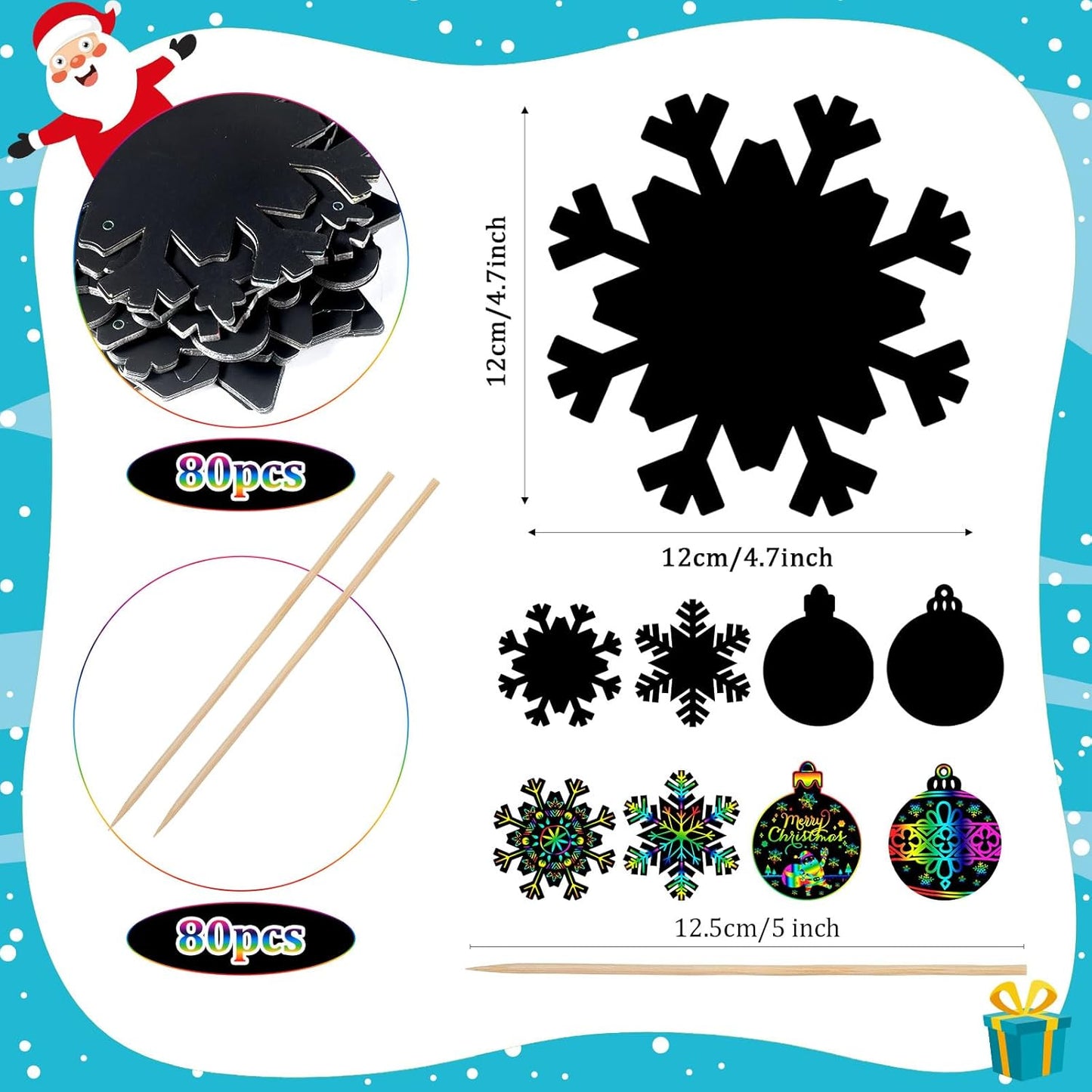 Yeaqee 80 Pcs Christmas Ornament Scratch Cards Christmas Scratch Paper Art with Drawing Sticks and Ribbons DIY Xmas Magic Paper for Winter Xmas Home Party DIY Activities (Ornament)