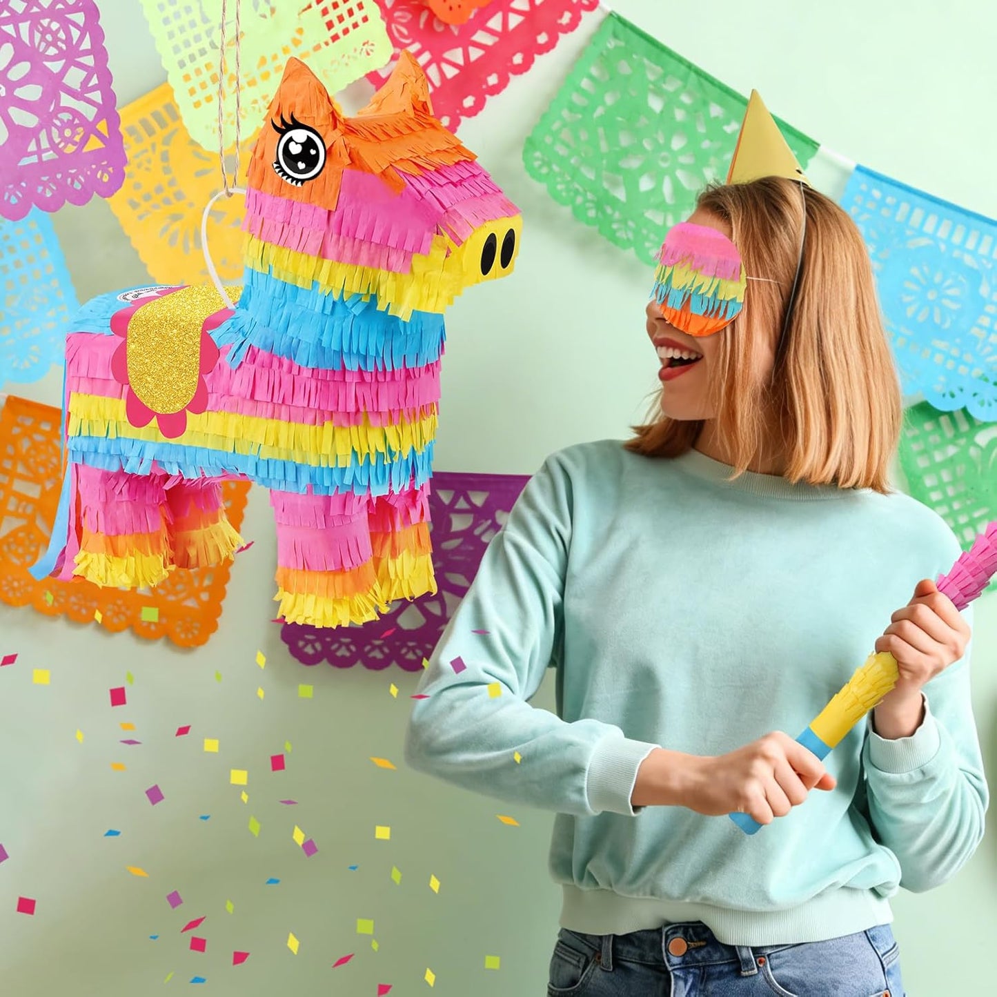 Dinosaur Pinata - Dinosaur Decorations with a Blindfold and Bat for Boys Girls Animal Themed Birthday Party Kids Classroom Game Decorations Supplies (15.7 x 11.4 x 3.1 Inches)