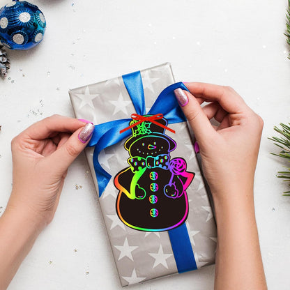 JarThenaAMCS 120Pcs Winter Snowman Scratch Paper Rainbow DIY Scratch Art Magic Scratch Off Cutout with 120Pcs Ribbons 60Pcs Wooden Styluses for Christmas Craft Party Game