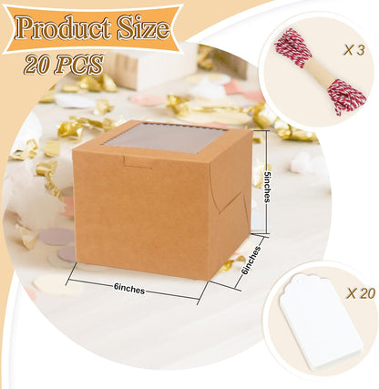 20Pcs 8 Inch Cake Boxes with Window, 8x8x5 Inches Brown Bakery Boxes, Cake Carrier Container for Pastries, Pie, Cookies, Chocolates, Cupcakes, Birthday Party, Wedding
