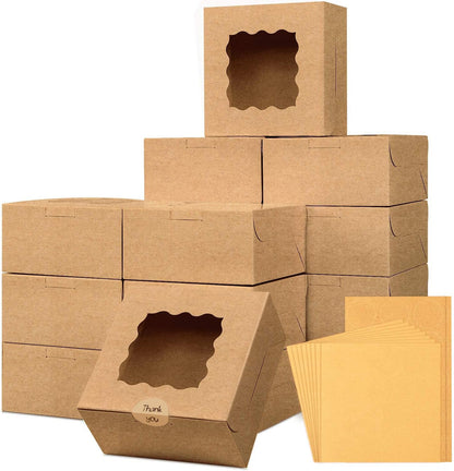 Moretoes 15pcs Cookie Boxes with Window, 6x6x3in Brown Bakery Boxes for Treats, Small Cake, Desserts, Donuts, Pastry