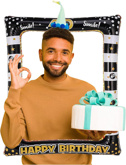 Andiker 40th Inflatable Birthday Selfie Frame, Black Gold Photo Booth Props Funny Picture Frame for Party Decorations