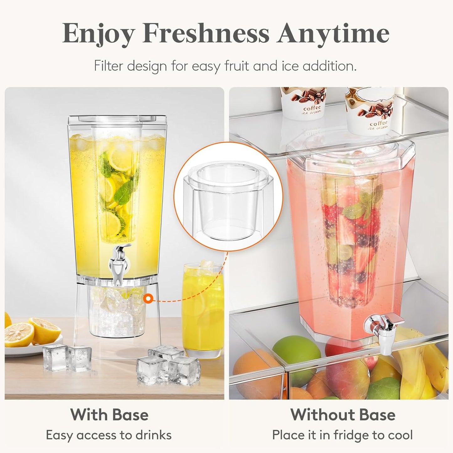 Lifewit 1 Gallon Drink Dispenser for Parties 2 Pcs, Plastic Beverage Container for Juice/Tea/Soda with Stand & Ice Core, Clear Lemonade Dispenser with Spigot, BPA Free Water Pitcher 39 x 16 cm/15x6"