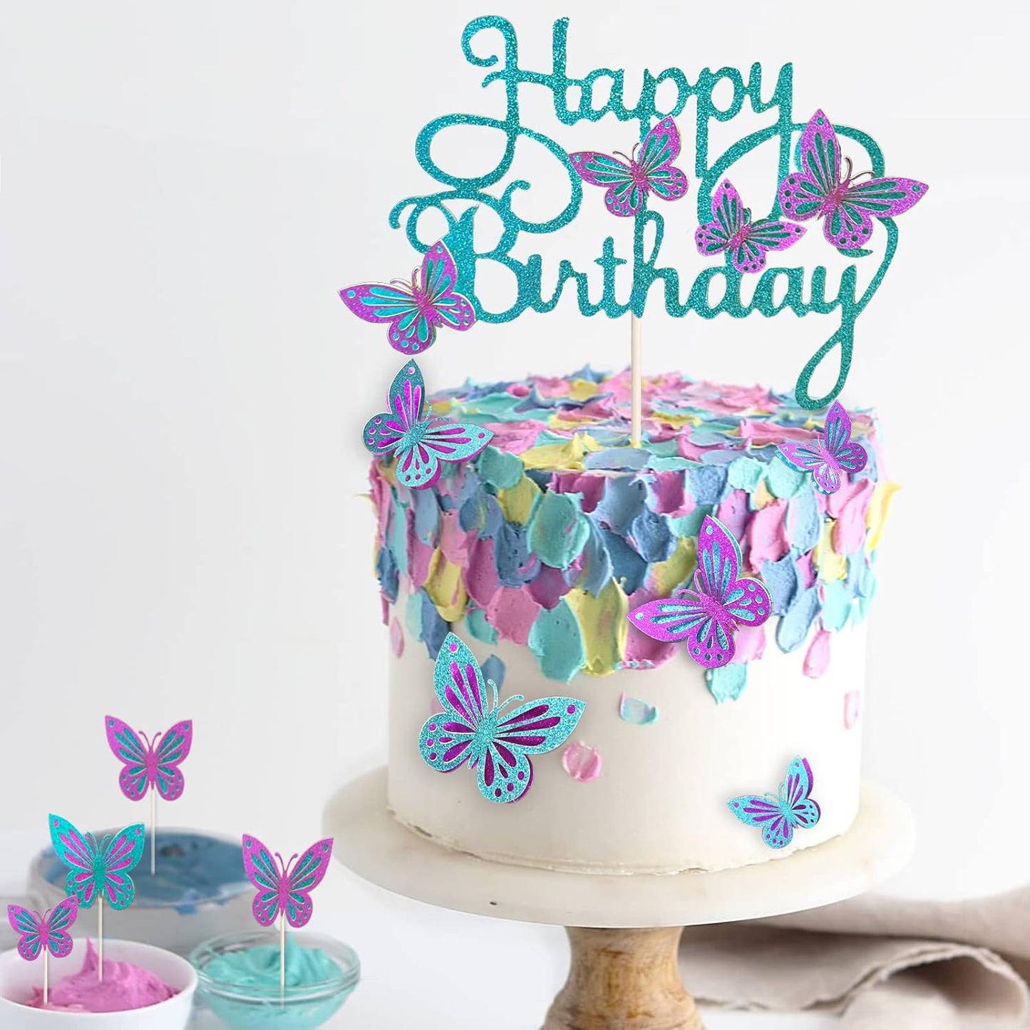 13-Pieces 3D Butterfly Cupcake Topper for Girls Women's Happy Birthday Cake Decorations Party Decorations(Pink)