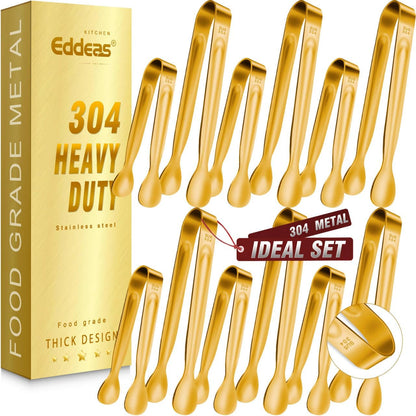 EDDEAS 12 PCS Small Serving Tongs, 4.3" Mini Gold Tongs, Gold Kitchen Tongs for Serving Food, Coffee Bar, Tea Party, Desserts Party and Ice Bucket