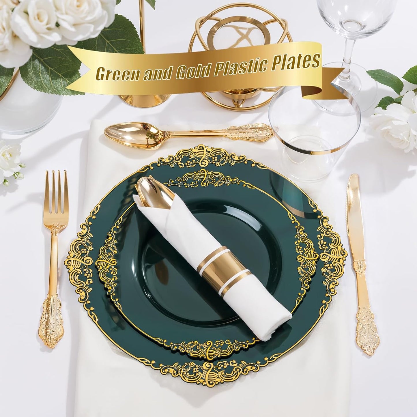 Nervure 350PCS Gold Plastic Plates - Gold Plastic Dinnerware Sets for 50 Guests - 100 Disposable Plates, 150 Silverware, 50 Cups, 50 Napkins for Wedding & Party & Mothers Day