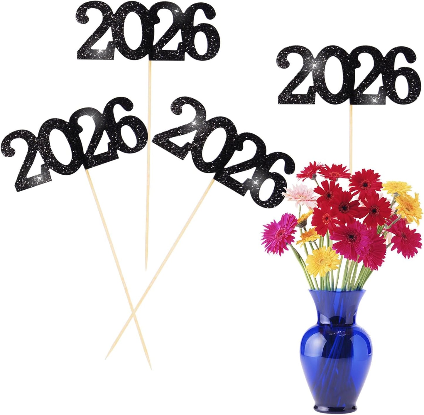 12 Pieces Glitter 2026 Centerpiece Sticks Black Double Sided 2026 Graduation Party Sticks 2026 Floral Picks Table Centerpiece Topper for 2026 Graduation New Year Party Decoration Supplies,4.9x9.1"
