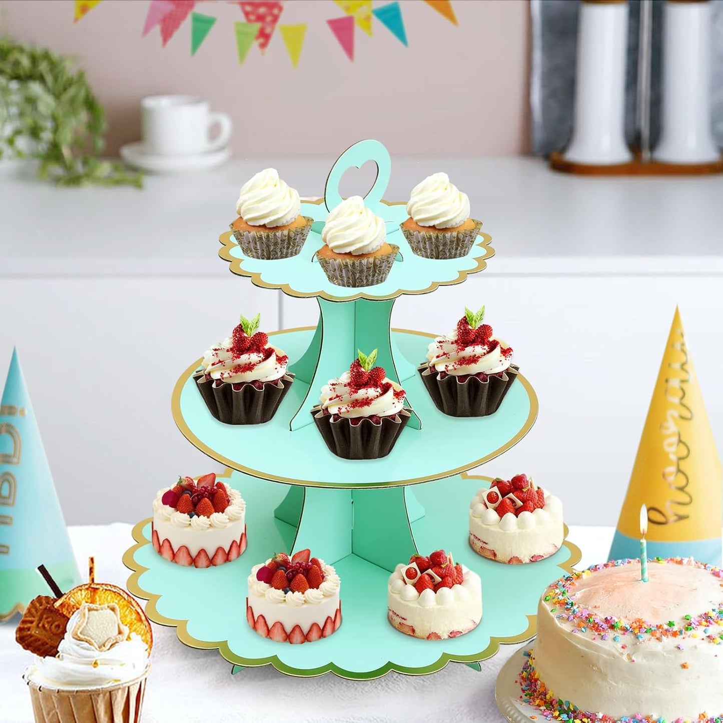 Soleebee 3-Tier Cupcake Stand, Cardboard Cupcake Tower, Cup Cake Stand Tower for Birthday Wedding Party Decoration, Cupcake Tier Stand Desserts Display 1 Set (Purple Gold)