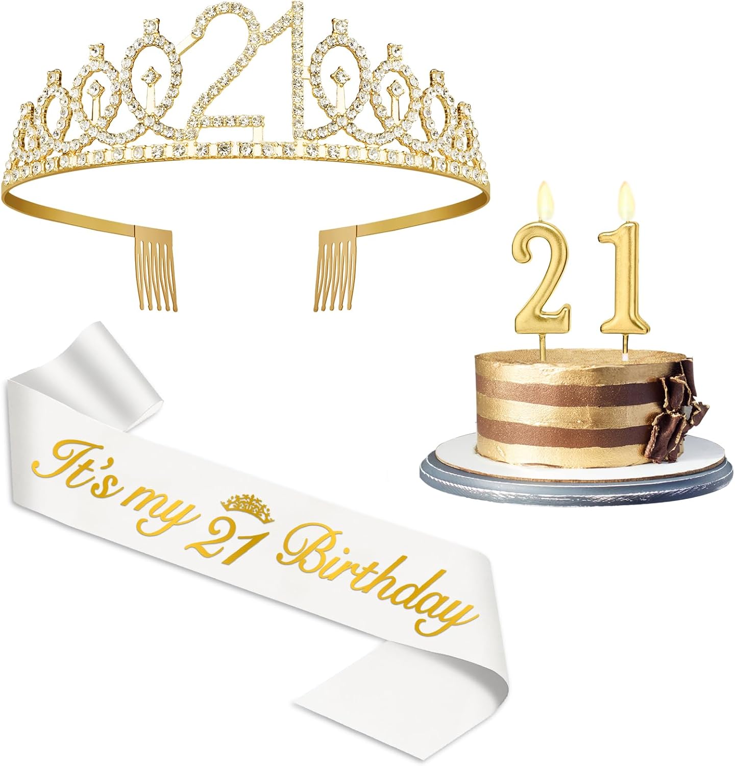 21st Birthday Decorations for Her with 21st Birthday Sash and Crown, Candles Gold, Gifts for 21 Year Old Girls