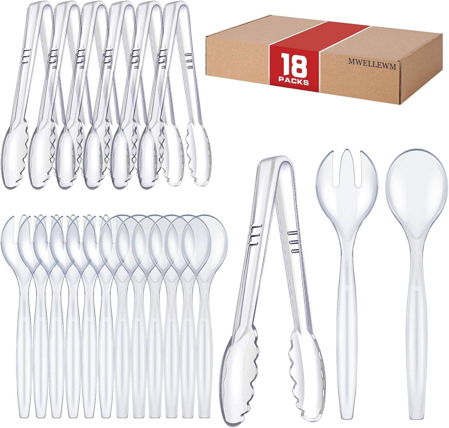 Mwellewm 18Pcs Serving Utensils, 10'' Plastic Serving Utensils Set, Disposable Serving Spoons for Buffet, Large Serving Tongs for Food, Heavy Duty Party Supplies for Salad Soup Cooking Catering(Black)