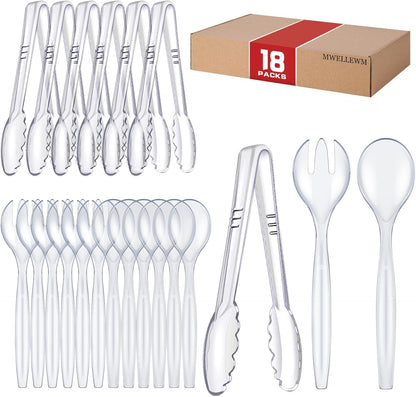 Mwellewm 18Pcs Serving Utensils, 10'' Plastic Serving Utensils Set, Disposable Serving Spoons for Buffet, Large Serving Tongs for Food, Heavy Duty Party Supplies for Salad Soup Cooking Catering(Black)