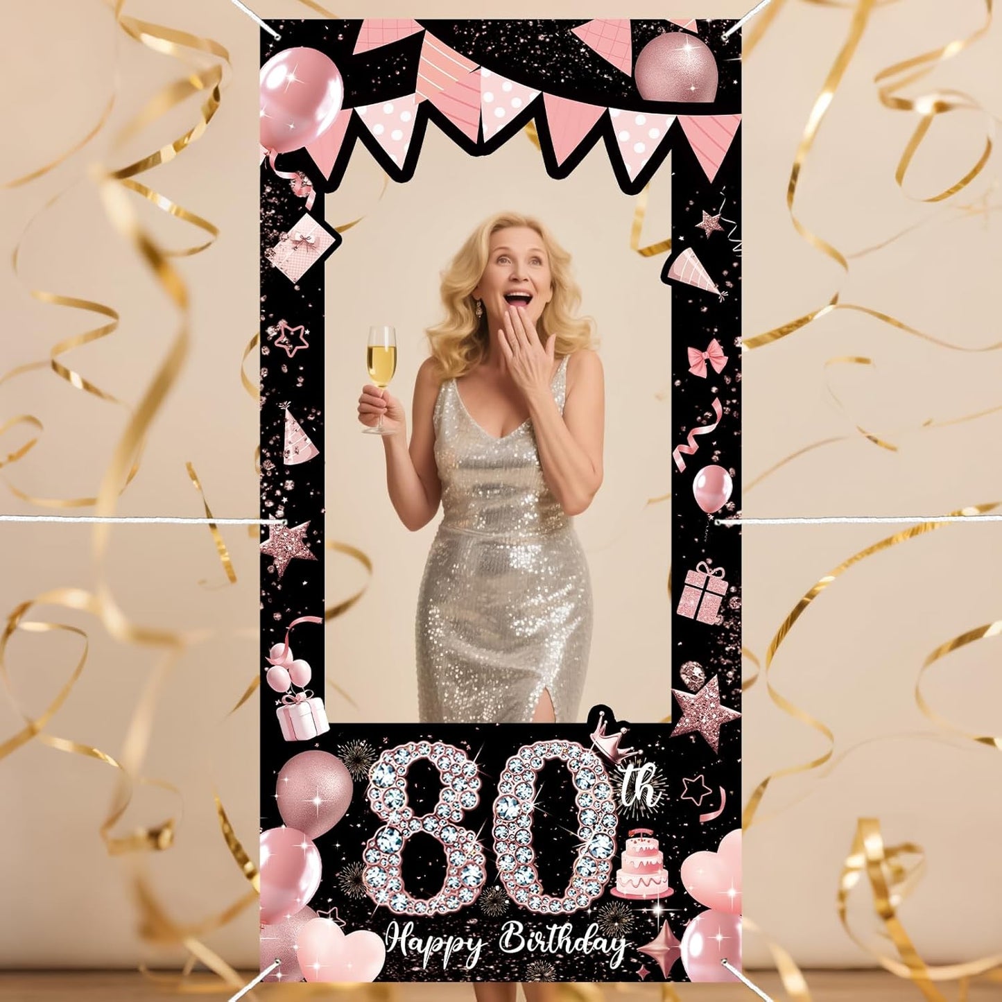 Pink 80th Birthday Neon Photography Banner Backdrop Glow Party Disco Dance Neon Theme Birthday Banner Photo Frame Props Props Selfie Background Face Cutout Photo Props Decoration
