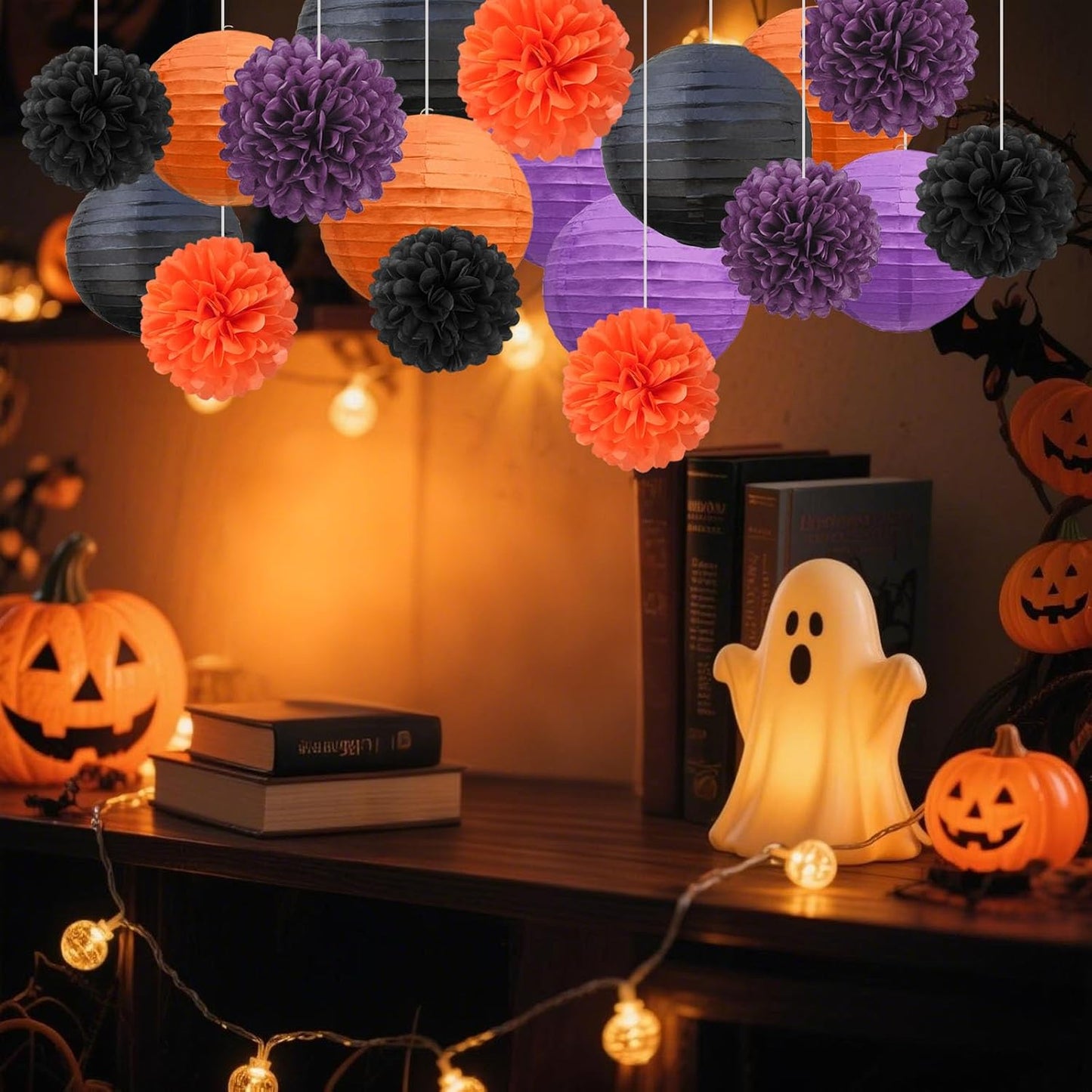 18 PCS Tissue Paper Pom Poms, Tissue Pom Poms Flowers, Sizes of 6", 10", 12", 14" Hanging Paper Flower Ball for Wedding, Birthday, Halloween, Christmas, Baby Shower Party Decor (Red Black Gold)