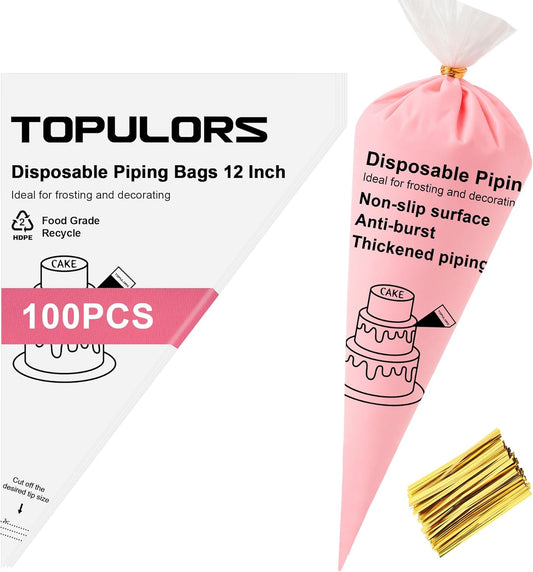 TOPULORS Disposable Piping Bags 12" Height - 100 PCS Pastry Bags - Tipless Icing Piping Bags for Frosting - Ideal for Cakes and Cookies Decorating Supplies - Extra Thick, Anti Burst, and Non-Slip
