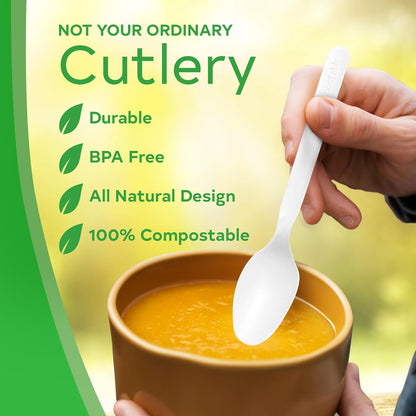 Compostable Cutlery Set, Plant-Based Compostable Utensils Disposable, Dishwasher-Safe Compostable Silverware, 380-Piece Disposable Cutlery, Plant a Tree with Every Box, Ivory White
