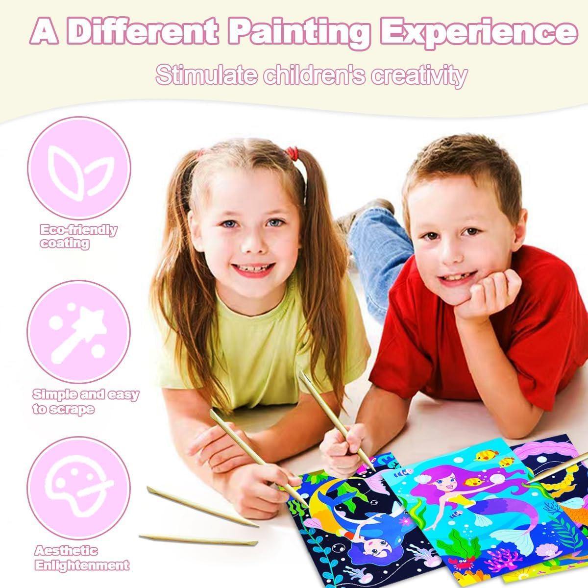 BAOXUE Scratch Art for Kids, Mermaids Black Rainbow Scratch Paper Set-Arts And Crafts & Supplies, DIY Activity & Party Games, Mermaid Toys Gifts for Toddlers, Girls