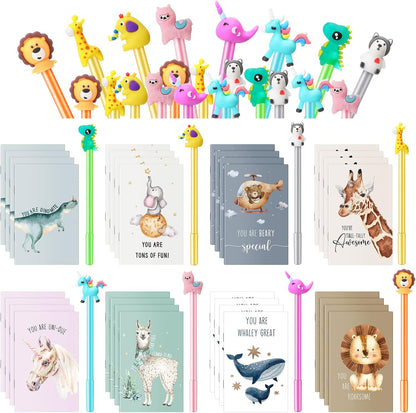 Colarr 64 Pcs Inspirational Mini Notebook with Pens Bulk Cartoon Animal Pens Funny Motivational Pocket Notebooks Animal Party Favors for Coworker Teacher Staff Stocking Stuffers