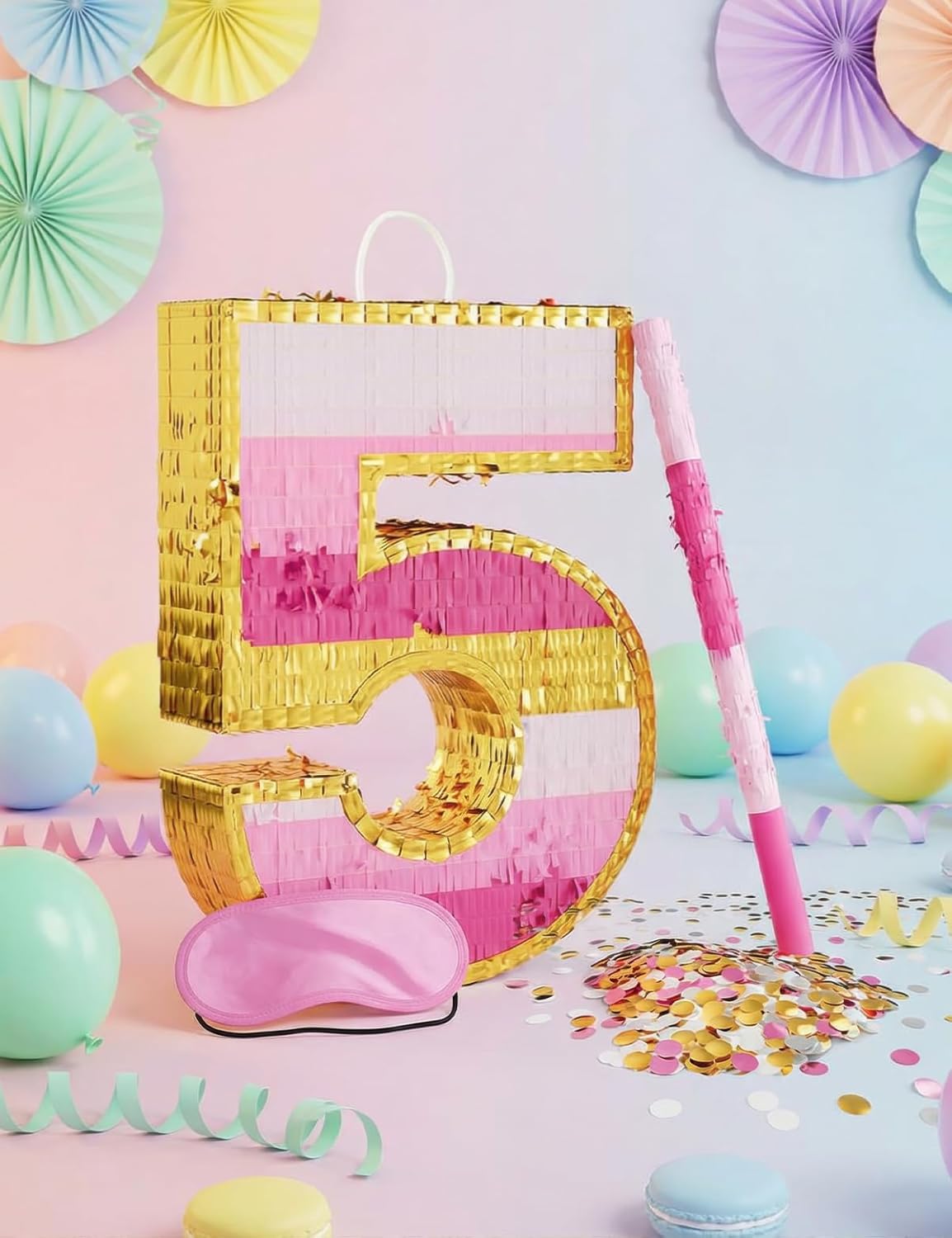 Number 5 Piñata with Stick, Blindfold & Confetti-Pink Piñata for Birthday Parties, Complete Party Game Set for Kids Girls-Gradient Pink Birthday Decor with Fillable Design(Small, 16.5 x 11.5 x 3 In)