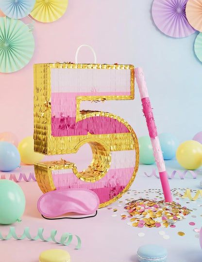 Number 5 Piñata with Stick, Blindfold & Confetti-Pink Piñata for Birthday Parties, Complete Party Game Set for Kids Girls-Gradient Pink Birthday Decor with Fillable Design(Small, 16.5 x 11.5 x 3 In)