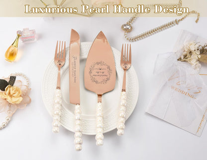 Wedding Cake Knife and Server Set, Gold Ceramic Pearl Handle Cake Cutting Set for Weddings, Engagements, Anniversaries, and Engagement Gifts for Couples